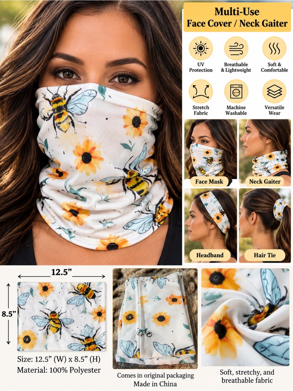 Sunflower Bee White Neck Gaiter - Multi-Use Face Cover